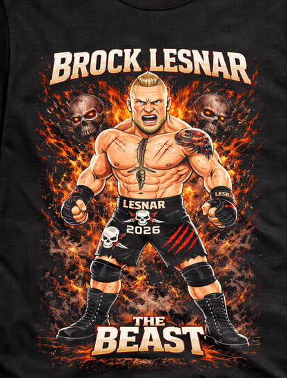 Brock Lesnar The Beast Wrestling T-Shirt Cartoon Wrestler Graphic Fire Skull Design Powerful Fighter Fan Tee Bold MMA Style dults & Kids Unisex T-Shirt
