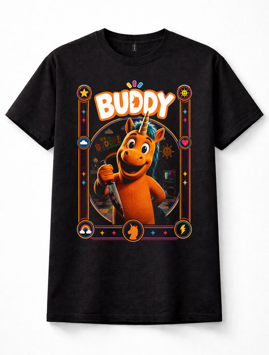 Buddy Killer Unicorn Horror Knife Retro Cartoon Black Unisex T-Shirt