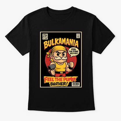 Bulkamania unisex t-shirt featuring cartoon muscle man with yellow bandana holding dumbbell, retro comic-style gym design on black cotton tee