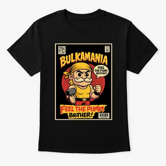 Bulkamania unisex t-shirt featuring cartoon muscle man with yellow bandana holding dumbbell, retro comic-style gym design on black cotton tee