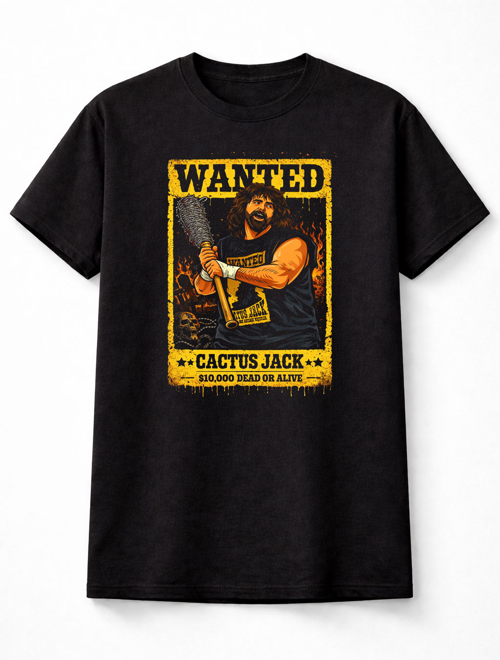 Cactus Jack Wanted T-Shirt Hardcore Wrestling Legend WWE Barbed Wire Bat Adults & Kids Unisex T-Shirt