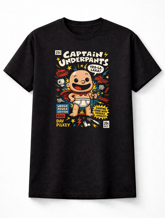 Captain Underpants Comic Cover Kids Book Parody Unisex Black Graphic Tee
