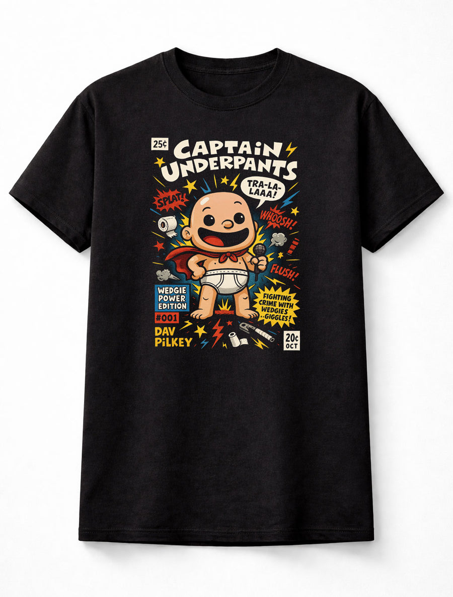 Captain Underpants Comic Cover Kids Book Parody Unisex Black Graphic Tee