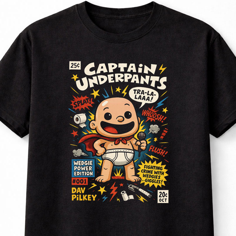 Captain Underpants Comic Cover Kids Book Parody Unisex Black Graphic Tee