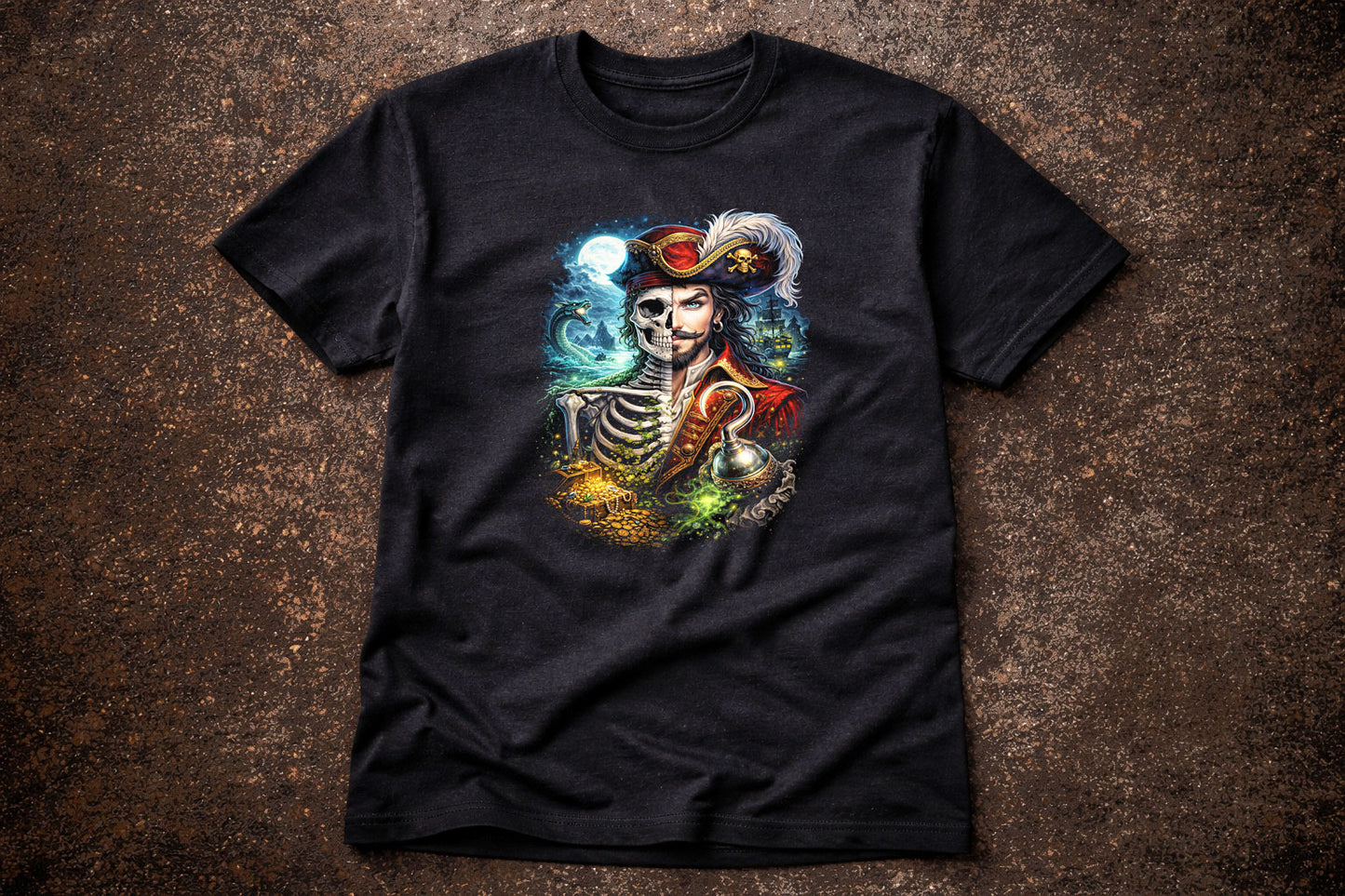 Captain Hook Skull T Shirt Pirate Gothic Fantasy Skeleton Peter Pan Unisex Tee