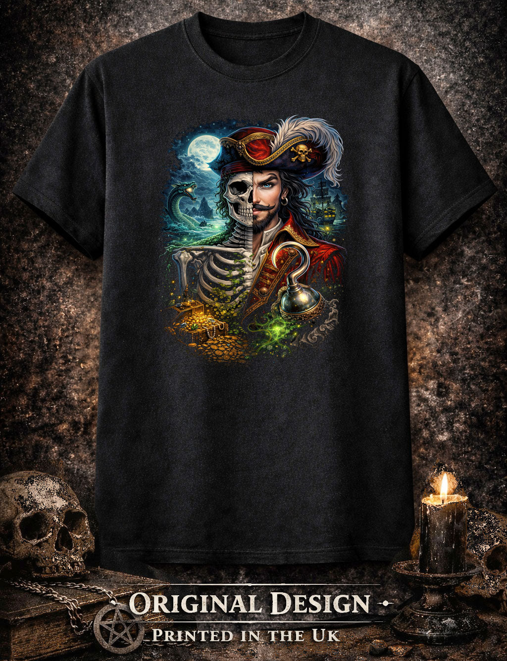 Captain Hook Skull T Shirt Pirate Gothic Fantasy Skeleton Peter Pan Unisex Tee