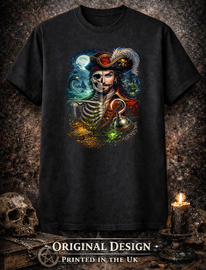 Captain Hook Skull T Shirt Pirate Gothic Fantasy Skeleton Peter Pan Unisex Tee
