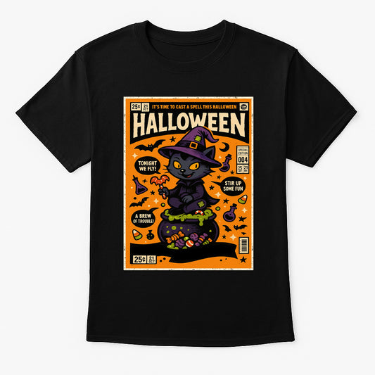 Halloween Black Cat Witch Comic Unisex T-Shirt Retro Spooky Tee