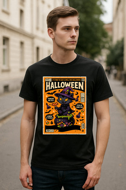 Halloween Black Cat Witch Comic Unisex T-Shirt Retro Spooky Tee