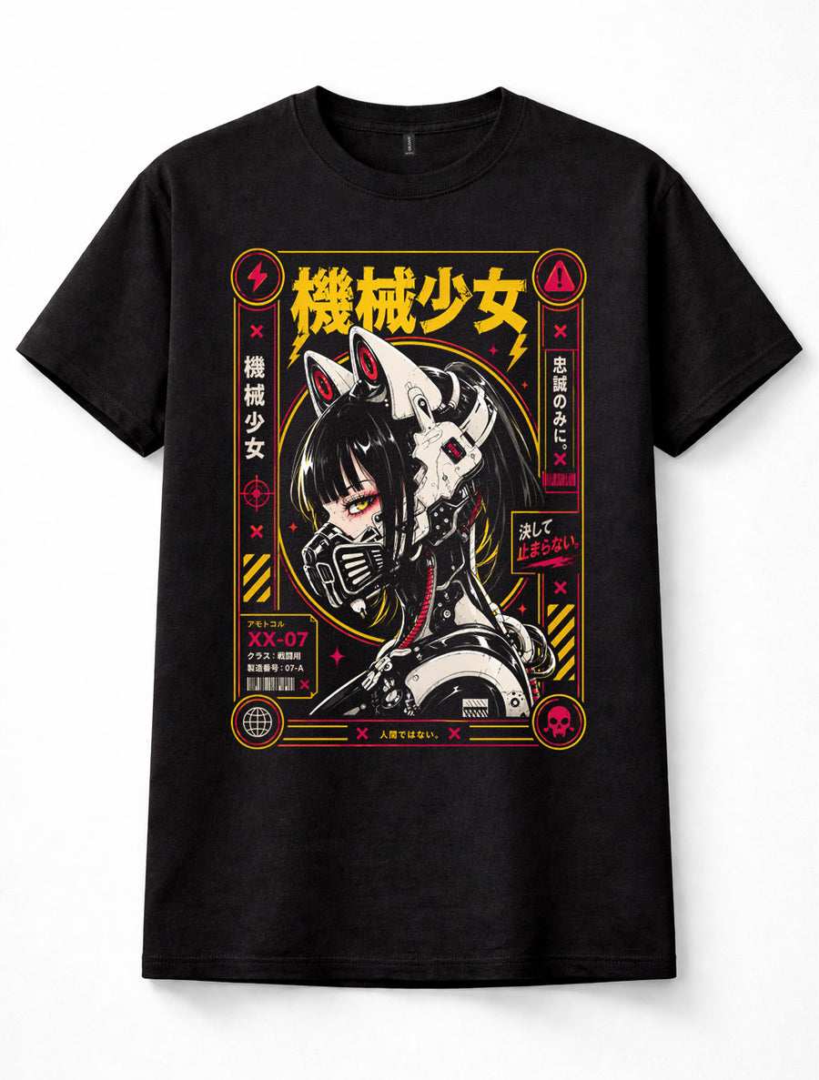 Cyberpunk Anime Robot Cat Girl Japanese Mecha Manga Graphic Black Unisex T-Shirt