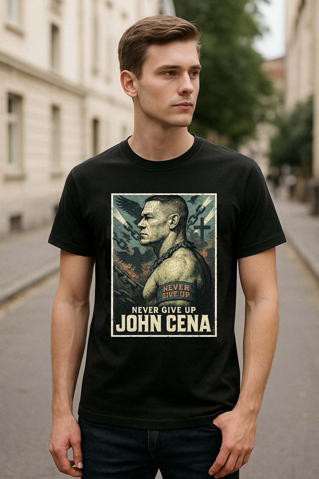 John Cena T-Shirt Never Give Up Wrestling WWE Vintage Unisex Black Graphic Tee