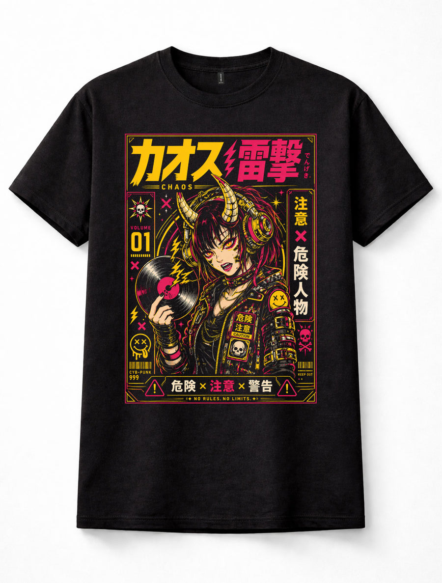 Chaos Cyberpunk Anime Demon Girl Japanese DJ Vinyl Graphic Unisex T-Shirt
