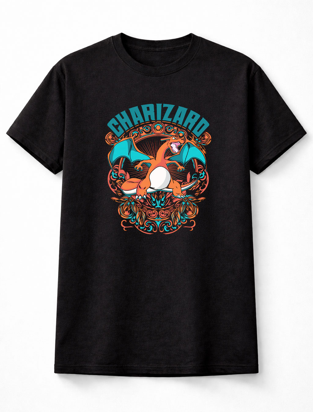 Charizard Fire Pokémon T-Shirt Vintage Crest Unisex Black Graphic Tee