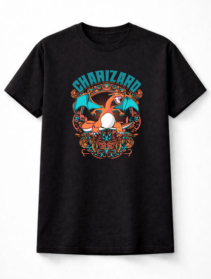 Charizard Fire Pokémon T-Shirt Vintage Crest Unisex Black Graphic Tee
