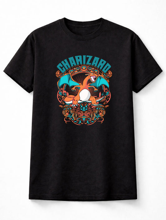 Charizard Fire Pokémon T-Shirt Vintage Crest Unisex Black Graphic Tee