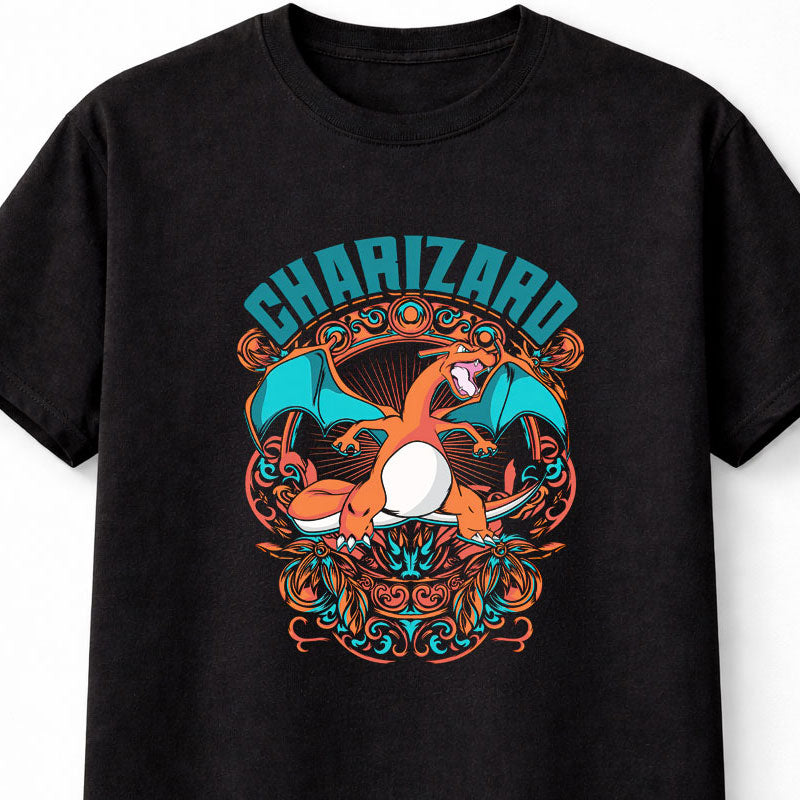 Charizard Fire Pokémon T-Shirt Vintage Crest Unisex Black Graphic Tee
