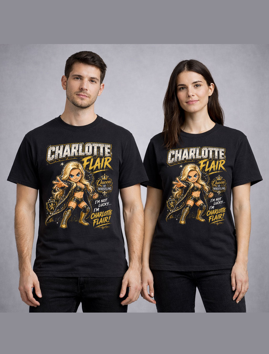 Charlotte Flair Queen of Wrestling T-Shirt Cartoon Wrestler Graphic Gold Black Glam Champion Design Women’s Wrestling Adults & Kids Unisex T-Shirt