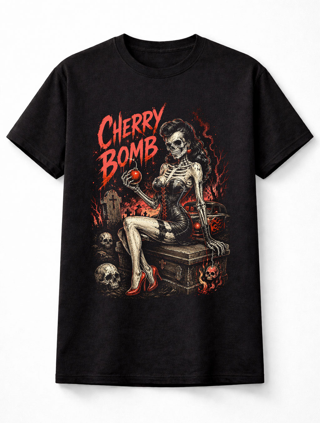 Cherry Bomb Skeleton Pin Up Gothic Horror Rockabilly Unisex T-Shirt