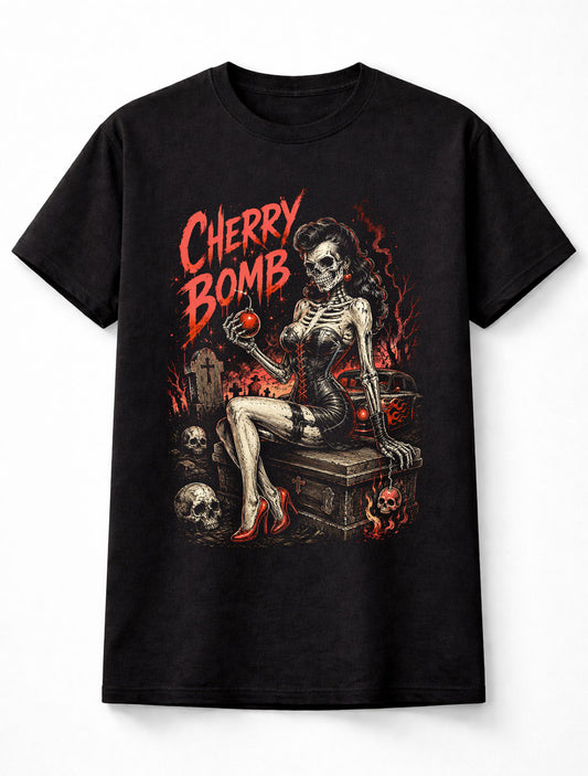 Cherry Bomb Skeleton Pin Up Gothic Horror Rockabilly Unisex T-Shirt