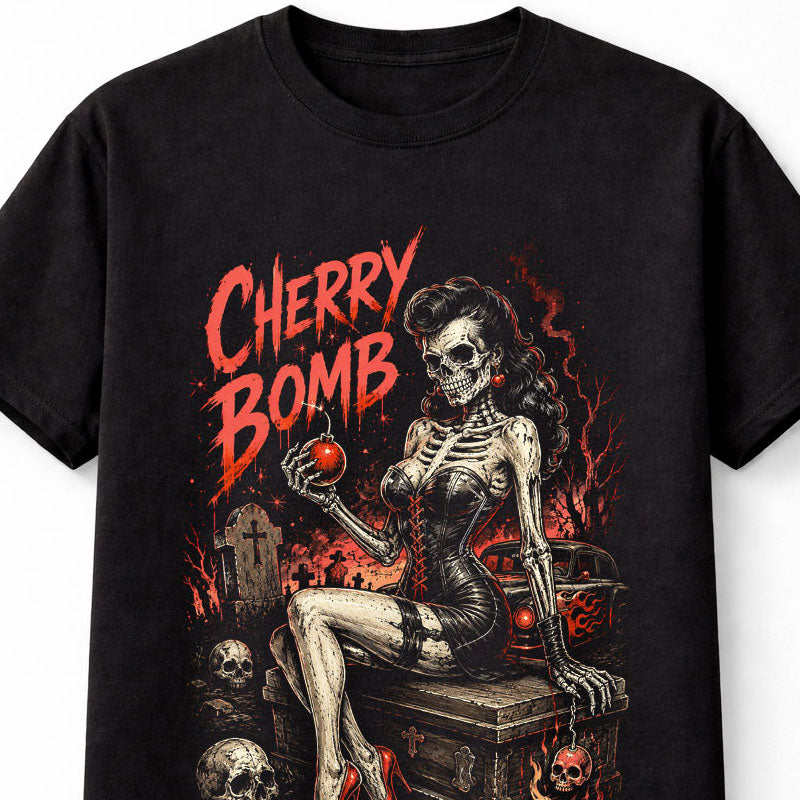 Cherry Bomb Skeleton Pin Up Gothic Horror Rockabilly Unisex T-Shirt