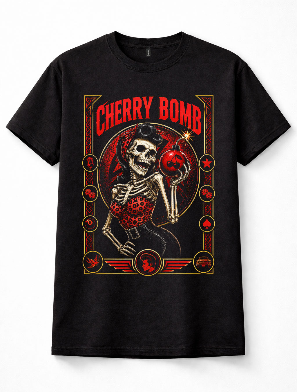 Cherry Bomb Skeleton Pin Up Girl Rockabilly Skull Unisex T-Shirt