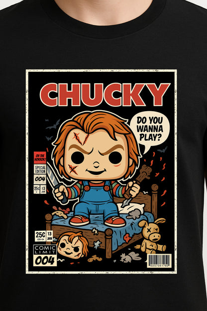 Chucky “Do You Wanna Play?” Graphic Tee – Retro Horror Comic Style T-Shirt for Classic Slasher Fans