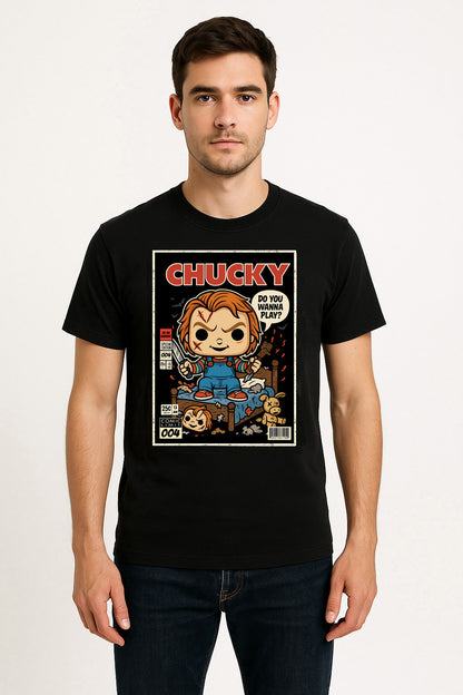 Chucky “Do You Wanna Play?” Graphic Tee – Retro Horror Comic Style T-Shirt for Classic Slasher Fans