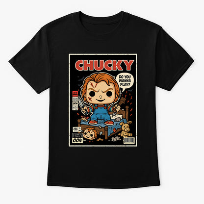 Chucky “Do You Wanna Play?” Graphic Tee – Retro Horror Comic Style T-Shirt for Classic Slasher Fans