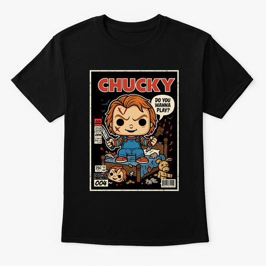 Chucky “Do You Wanna Play?” Graphic Tee – Retro Horror Comic Style T-Shirt for Classic Slasher Fans