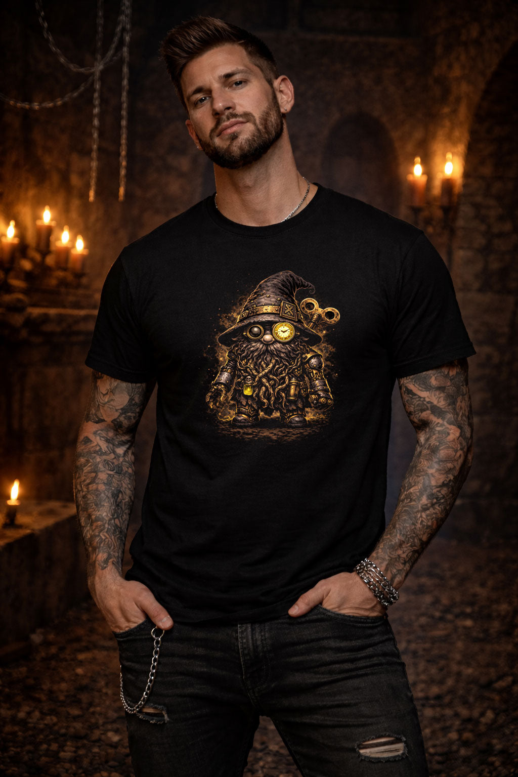 Clockwork Gnome Steampunk Gardening Unisex Graphic T-Shirt Dark Art Tee