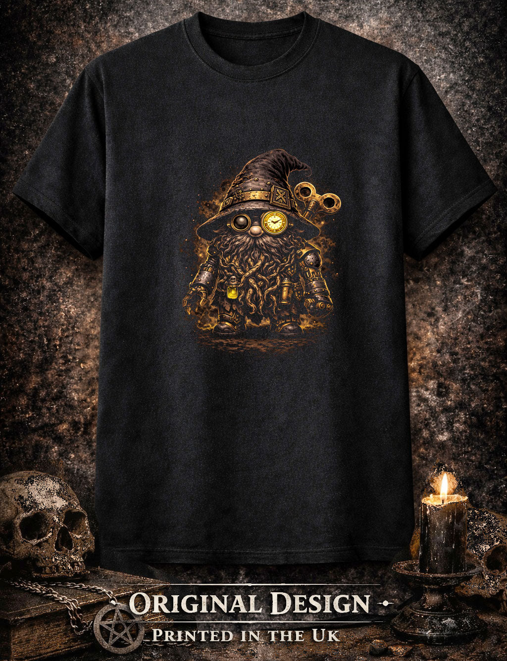 Clockwork Gnome Steampunk Gardening Unisex Graphic T-Shirt Dark Art Tee
