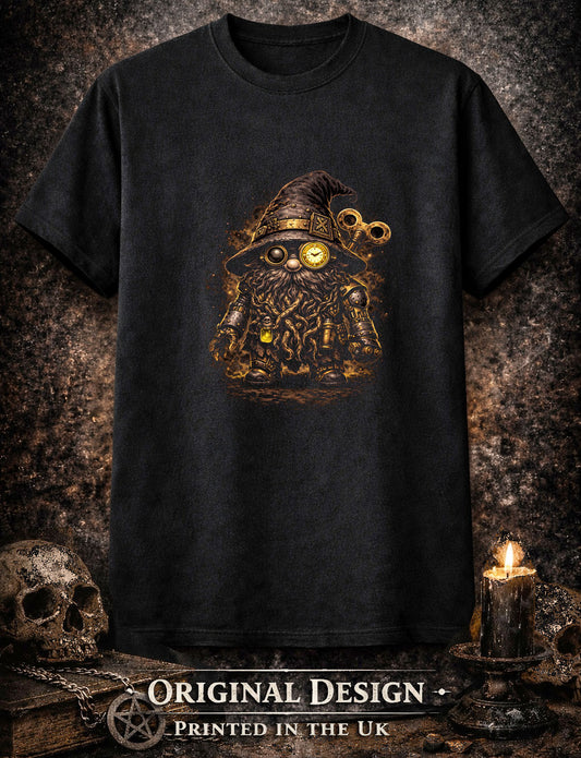 Clockwork Gnome Steampunk Gardening Unisex Graphic T-Shirt Dark Art Tee