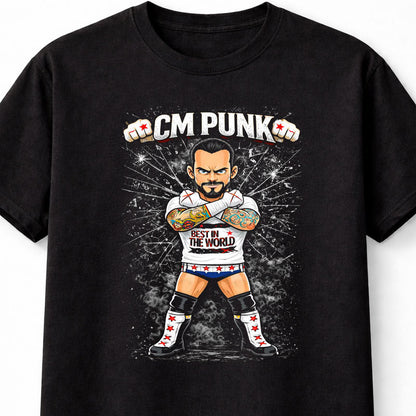 CM Punk Best in the World Wrestling T-Shirt Cartoon Wrestler Graphic Straight Edge Style Fan Tee Bold Fight Design Adults & Kids Unisex T-Shirt