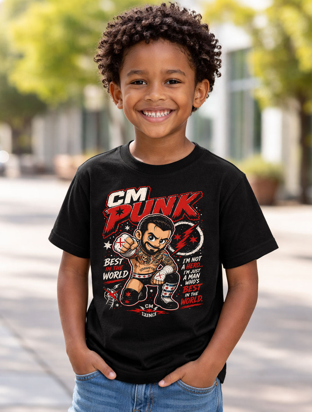 CM Punk Best in the World Wrestling T-Shirt Cartoon Wrestler Graphic Bold Red Black Design Straight Edge Fighter Fan Tee Iconic WWE Adults & Kids Unisex T-Shirt