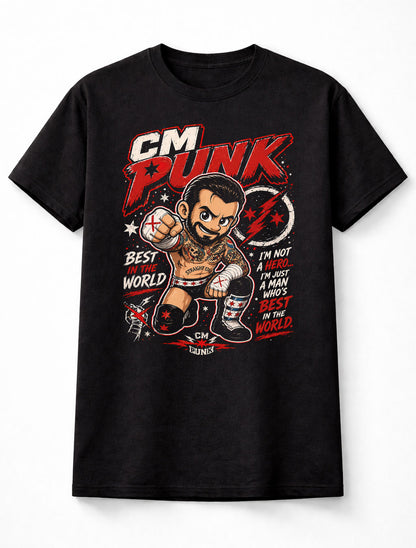 CM Punk Best in the World Wrestling T-Shirt Cartoon Wrestler Graphic Bold Red Black Design Straight Edge Fighter Fan Tee Iconic WWE Adults & Kids Unisex T-Shirt