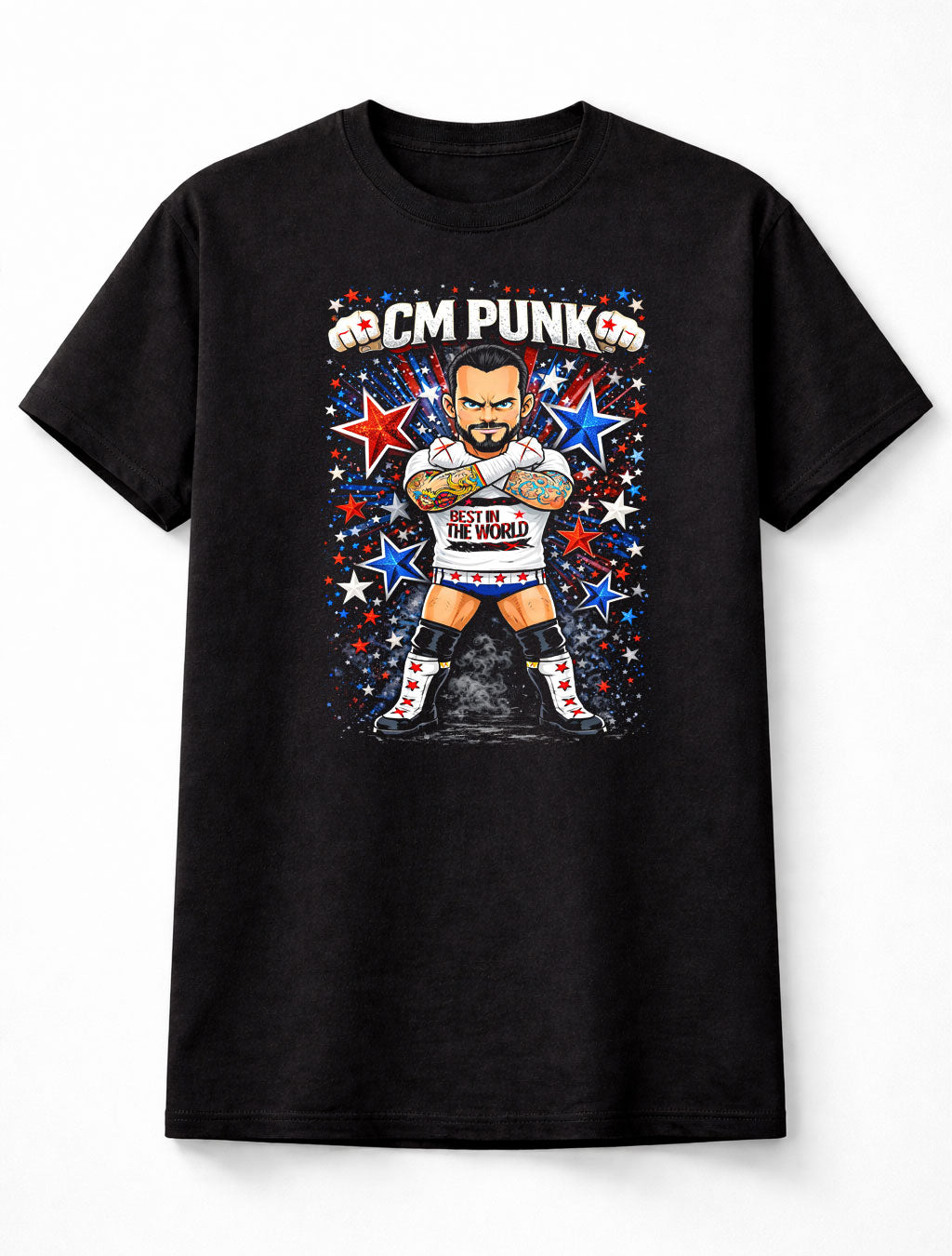 CM Punk Best in the World Wrestling T-Shirt Cartoon Wrestler Red Blue Star Graphic Straight Edge Style Bold Fan Tee Adults & Kids Unisex T-Shirt