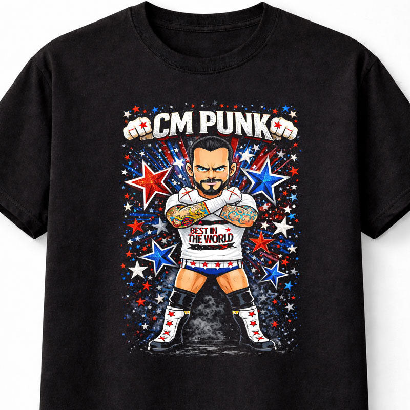 CM Punk Best in the World Wrestling T-Shirt Cartoon Wrestler Red Blue Star Graphic Straight Edge Style Bold Fan Tee Adults & Kids Unisex T-Shirt