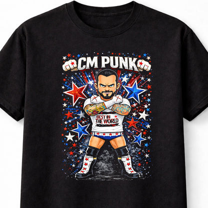 CM Punk Best in the World Wrestling T-Shirt Cartoon Wrestler Red Blue Star Graphic Straight Edge Style Bold Fan Tee Adults & Kids Unisex T-Shirt