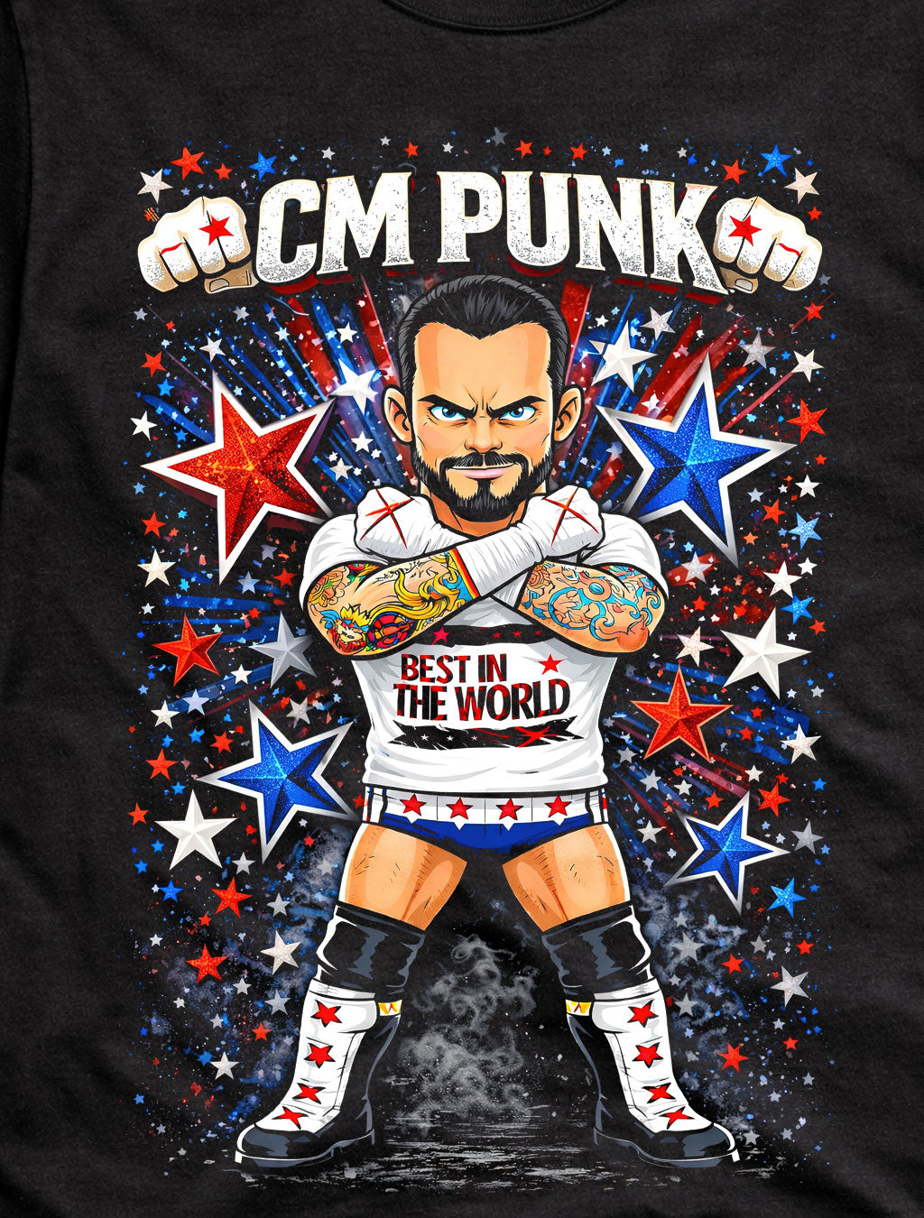CM Punk Best in the World Wrestling T-Shirt Cartoon Wrestler Red Blue Star Graphic Straight Edge Style Bold Fan Tee Adults & Kids Unisex T-Shirt