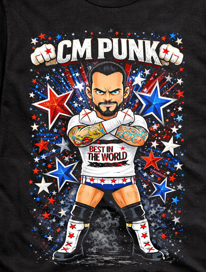 CM Punk Best in the World Wrestling T-Shirt Cartoon Wrestler Red Blue Star Graphic Straight Edge Style Bold Fan Tee Adults & Kids Unisex T-Shirt