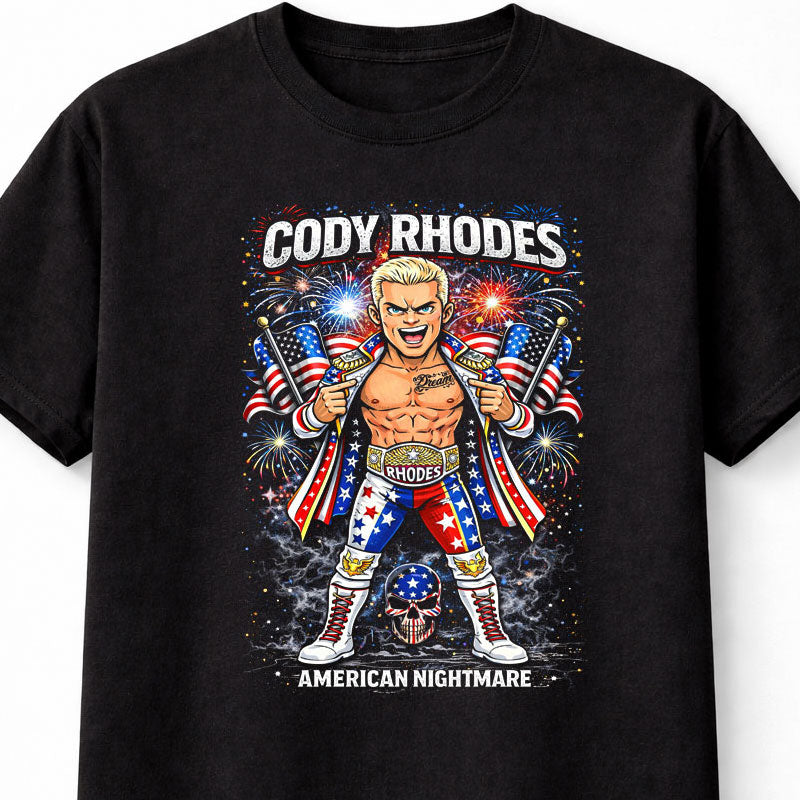Cody Rhodes American Nightmare Wrestling T-Shirt Cartoon Wrestler Patriotic Flag Fireworks Graphic Bold Fan Tee Adults & Kids Unisex T-Shirt