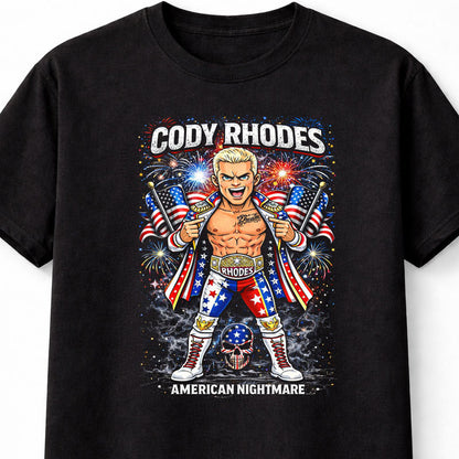 Cody Rhodes American Nightmare Wrestling T-Shirt Cartoon Wrestler Patriotic Flag Fireworks Graphic Bold Fan Tee Adults & Kids Unisex T-Shirt
