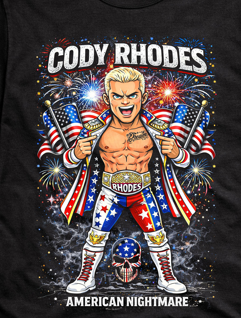 Cody Rhodes American Nightmare Wrestling T-Shirt Cartoon Wrestler Patriotic Flag Fireworks Graphic Bold Fan Tee Adults & Kids Unisex T-Shirt