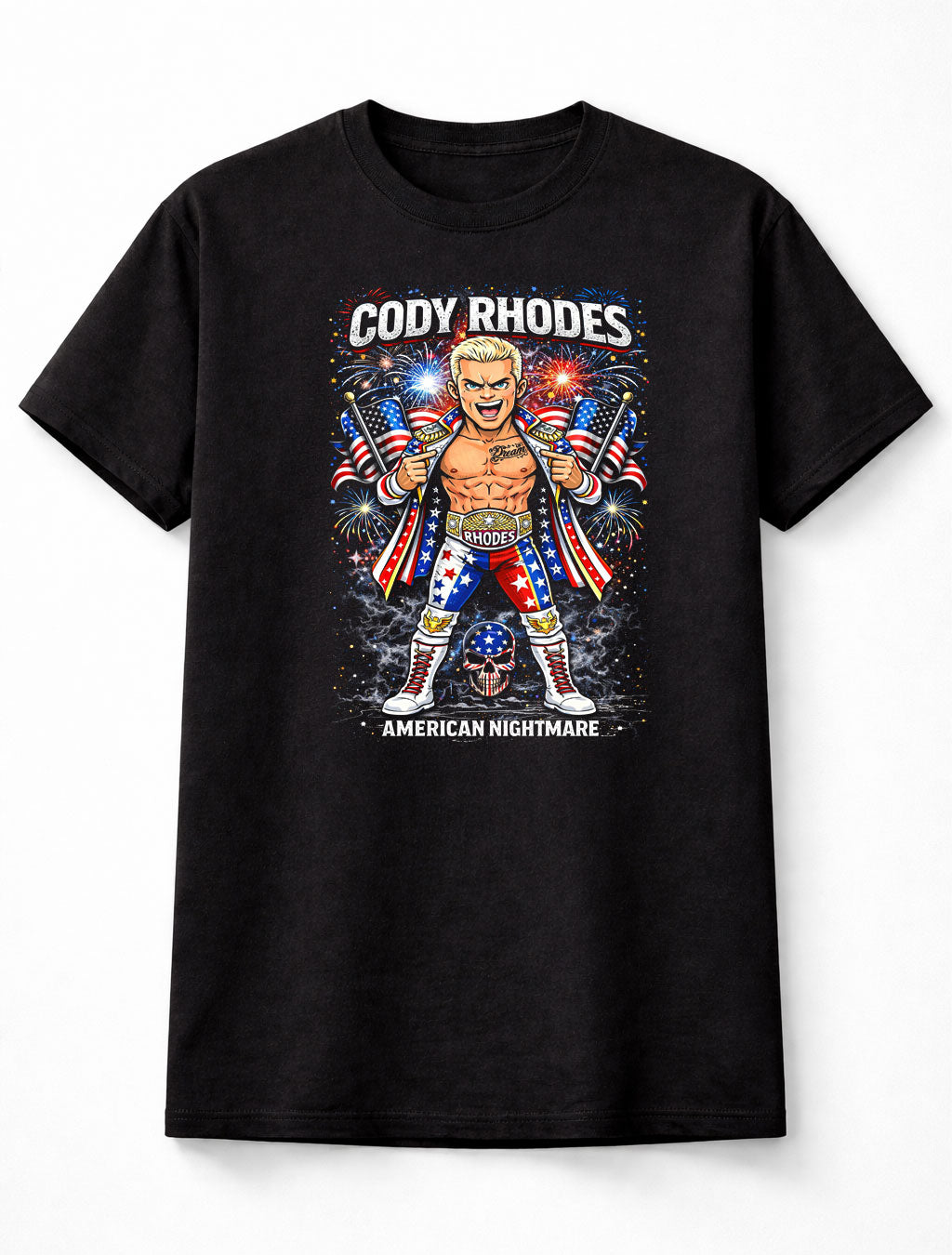 Cody Rhodes American Nightmare Wrestling T-Shirt Cartoon Wrestler Patriotic Flag Fireworks Graphic Bold Fan Tee Adults & Kids Unisex T-Shirt