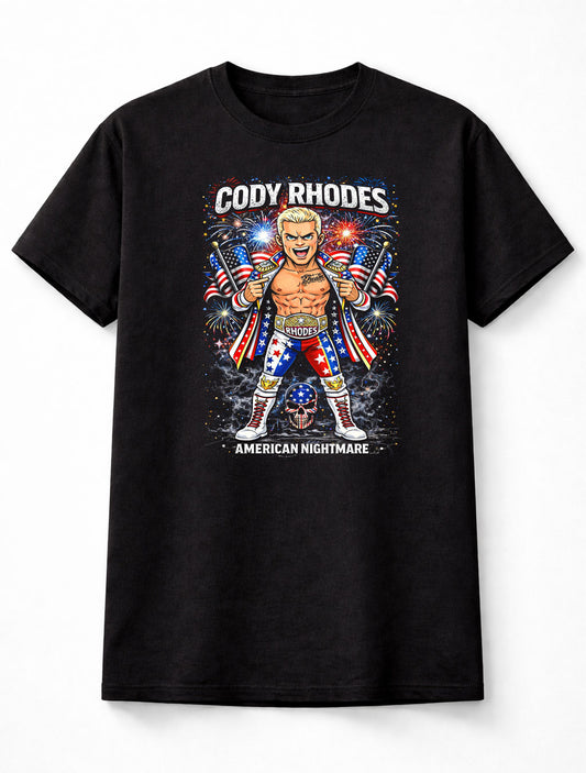 Cody Rhodes American Nightmare Wrestling T-Shirt Cartoon Wrestler Patriotic Flag Fireworks Graphic Bold Fan Tee Adults & Kids Unisex T-Shirt