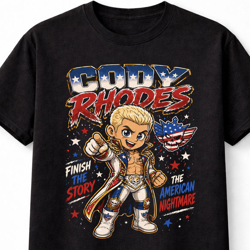 Cody Rhodes Finish the Story Wrestling T-Shirt Cartoon Wrestler Graphic American Nightmare Design Red White Blue Fan Tee Patriotic Superstar Adults & Kids Unisex T-Shirt