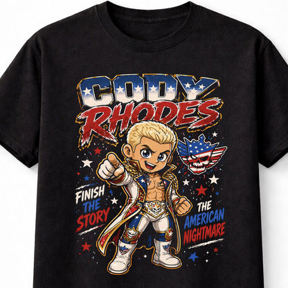 Cody Rhodes Finish the Story Wrestling T-Shirt Cartoon Wrestler Graphic American Nightmare Design Red White Blue Fan Tee Patriotic Superstar Adults & Kids Unisex T-Shirt