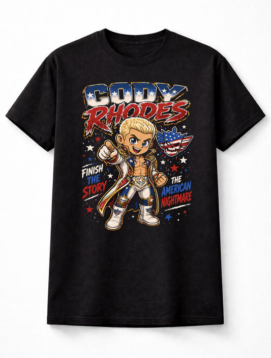 Cody Rhodes Finish the Story Wrestling T-Shirt Cartoon Wrestler Graphic American Nightmare Design Red White Blue Fan Tee Patriotic Superstar Adults & Kids Unisex T-Shirt