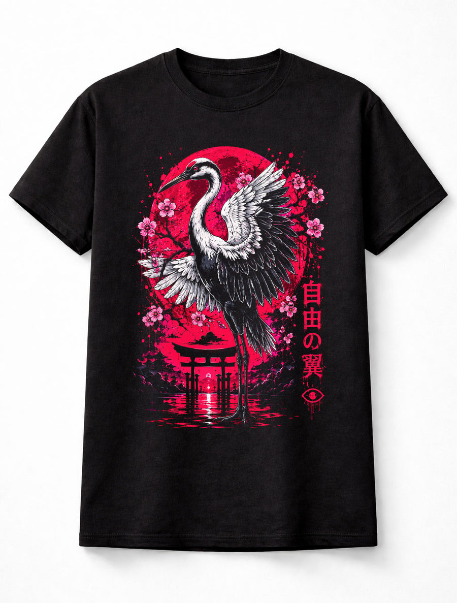 Japanese Crane Sakura Moon Graphic Black Unisex T-Shirt