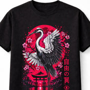 Japanese Crane Sakura Moon Graphic Black Unisex T-Shirt